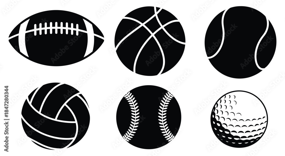 Obraz premium Silhouette Depiction of Various Sports Balls, a professional vector set illustrating