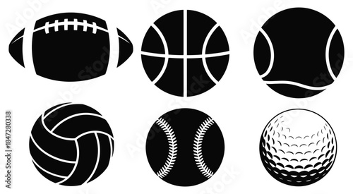 Silhouette Depiction of Various Sports Balls, a vector collection showcasing different shapes and designs of balls for football, basketball, soccer, tennis, and other sports