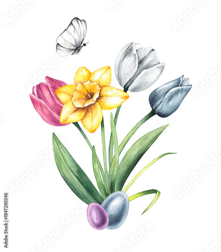 Watercolor spring Easter blooming flower bouquet. Hand-painted illustration of daffodil and tulip. Botanical bouquet for wedding invitations, festivals, or postcards.
