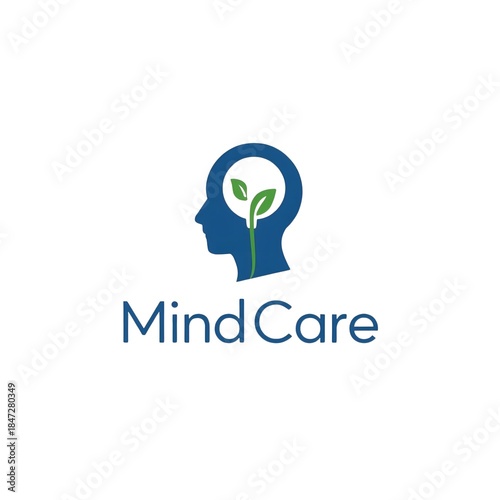 Mind Care logo with green sprout in blue head silhouette