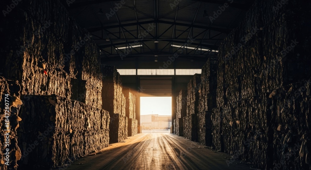 Fototapeta premium Golden Sunlight Illuminates Towering Bales in Dark Industrial Warehouse Aisle