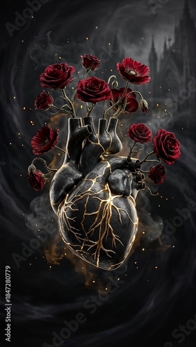 Gothic Kintsugi Heart with Golden Cracks, Red Roses, Poppies, and Smoky Background