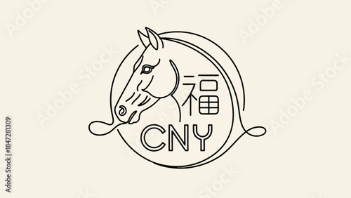 Minimalist line art illustration of a horse head with "CNY" and Chinese character for good luck, symbolizing Chinese New Year.