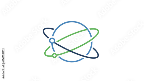 A stylized graphic of a blue sphere with interconnected green and dark blue orbital rings, featuring two small nodes, symbolizing global networks and technology.