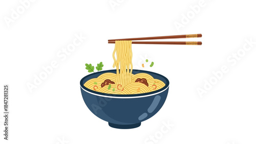 A bowl of delicious yellow noodles with toppings being picked up by chopsticks, on a white background.