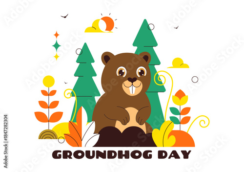 Happy Groundhog Day Vector Illustration on February 2 Featuring a Groundhog Emerging from a Hole with Land and Garden Cartoon Background