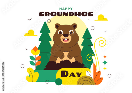 Happy Groundhog Day Vector Illustration on February 2 Featuring a Groundhog Emerging from a Hole with Land and Garden Cartoon Background