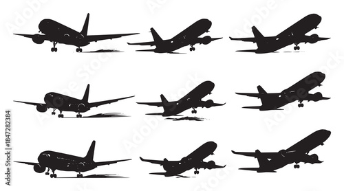 Set of Airplane Silhouettes Taking Off and Landing  Black and White Airport Runway Airplane Landing Takeoff Scene