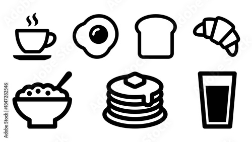 Essential breakfast food and drink icon collection for morning meal illustrations