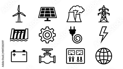 Collection of energy production and industrial technology line icons