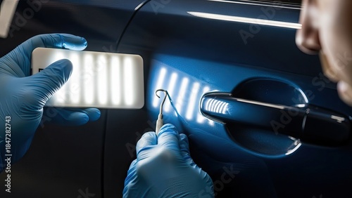 Car dent repair specialist using a light and tool to fix a small imperfection on a car door