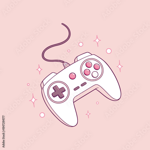 Cute Kawaii Pastel Game Controller with Sparkles, Retro Gamer Girl Aesthetic Vector Illustration