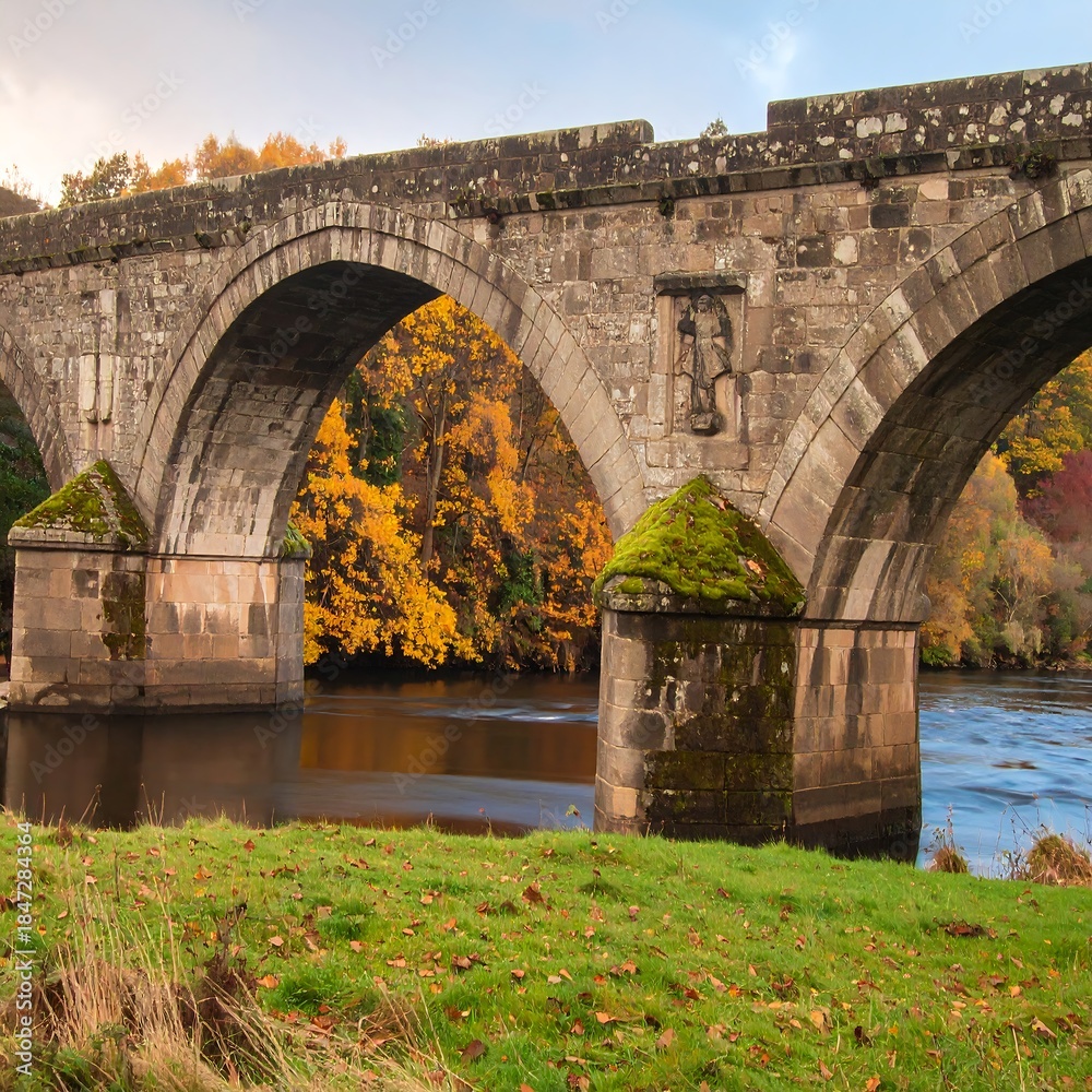 Fototapeta premium Stone arch bridge over a river, autumn foliage