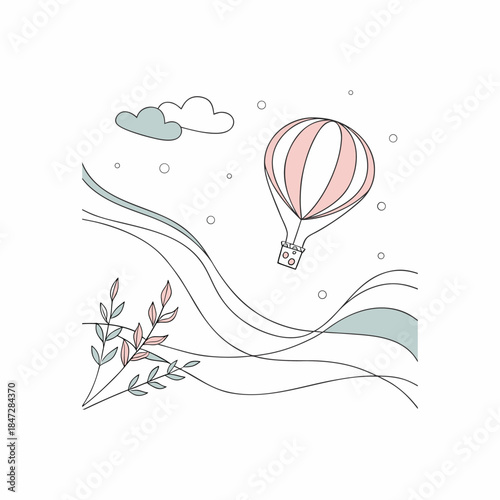 Whimsical Pastel Hot Air Balloon Flying Over Hills and Plants, Minimalist Line Art Vector Illustration