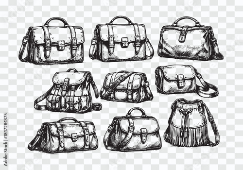 Hand-Drawn Collection of Vintage Leather Bags and Satchels Hand Drawn Handbag Collection Black and White Fashion Sketch Set