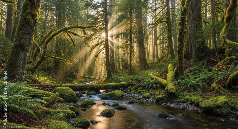 Obraz premium Sunlight streams through the canopy of a lush, moss-covered temperate rainforest surrounding a flowing stream