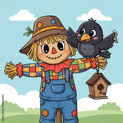happy scarecrow and crow