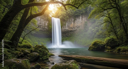 Tall curtain waterfall cascades into a tranquil pool surrounded by lush, sunlit rainforest foliage