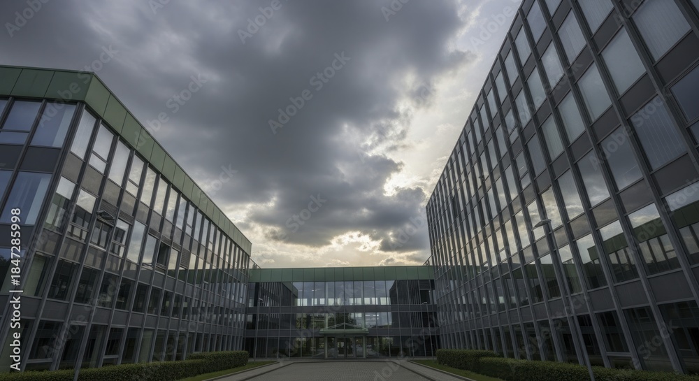 Fototapeta premium Modern corporate office buildings meet beneath a dramatic, cloudy sky