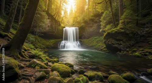 Sunlight streams through dense forest canopy illuminating a cascading waterfall into a clear pool