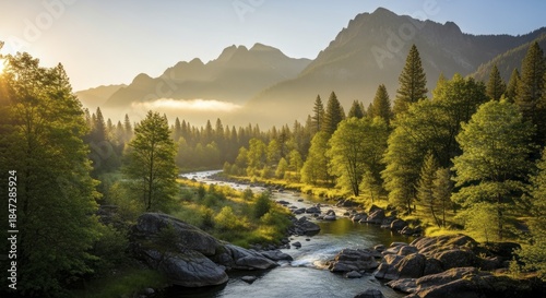 Majestic mountain valley showcases a winding river flowing through sunlit forest terrain