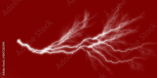 Dramatic lightning strike with glowing electrical discharge on a red backdrop perfect for special effects and design elements. Lightning overlay. Set of three electric lightning effects with glowing