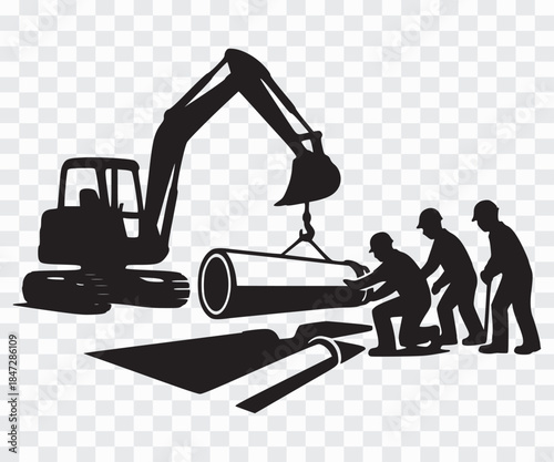 Pipeline Construction Excavator and Workers Installing Underground Pipe Construction Site Silhouette with Cranes and Workers