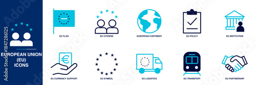 European Union (EU) Blue Colored Outline Icon Set