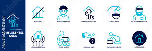 Homelessness Blue Colored Outline Icon Set