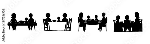 Diverse family dining experiences: a collection of silhouettes depicting various household meals