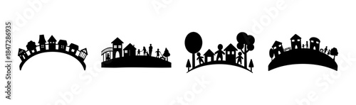 Stylized black silhouette collection of diverse village and townscapes with houses and trees