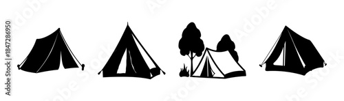 Minimalist black silhouettes of various camping tents for outdoor adventure and recreation