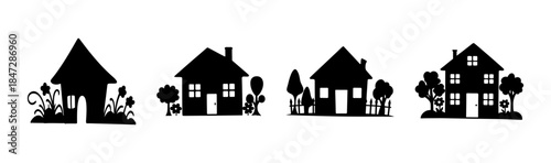 Collection of diverse black house silhouettes with trees, fences, and flora design