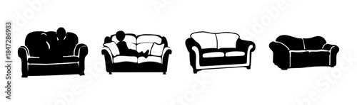 Diverse uses and appearances of a sofa, from busy to empty, in simple black and white illustrations
