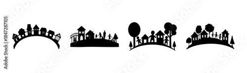 Simple village and town landscape silhouettes illustrating community and natural beauty