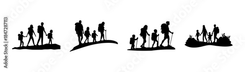 Family hiking adventure silhouettes: a collection of trekkers enjoying outdoor activity