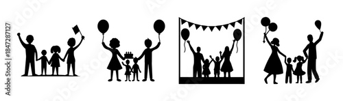Silhouettes of families celebrating togetherness and happy moments with balloons and flags