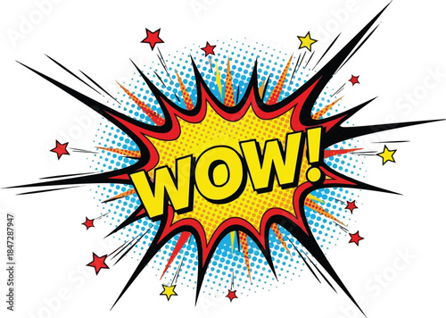 Wow! Burst Vector Illustration with Comic Book Style Effects and Star Accents
