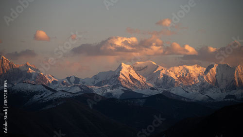 Golden Sunset Light on Mount Gongga Snow Peaks