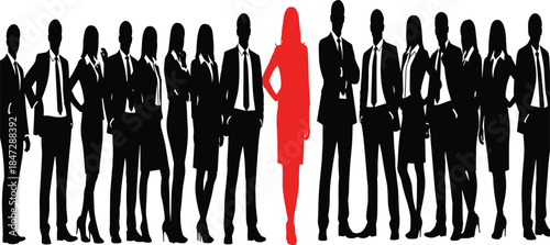 Business team silhouette, standout leader concept, red highlighted woman, corporate diversity illustration, leadership individuality, professional group vector art