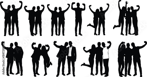Celebration silhouette vector set, people in pairs, raised arms, teamwork, unity, success, black and white illustration, graphic style
