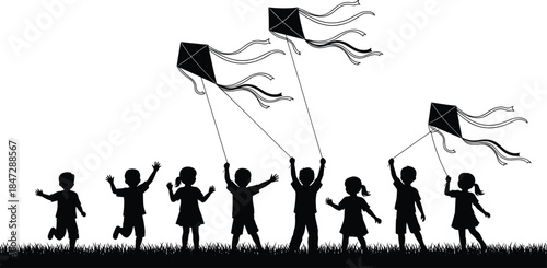 Children playing silhouette vector, outdoor activity, flying kites, black figures, childhood joy, grassy field, movement pose, fun clipart, stock illustration