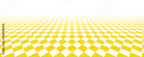 Golden checkerboard floor fading in perspective. Gold retro chess board grid plane surface. Abstract checkered tile pattern background. Yellow empty room checker stage. Vector vanishing ballroom floor