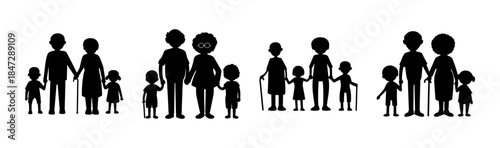 Silhouette illustration of diverse multi-generational families holding hands and standing together