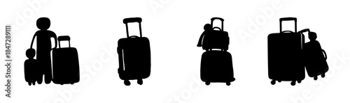 A collection of travel luggage silhouettes with people and various bag combinations for vacation