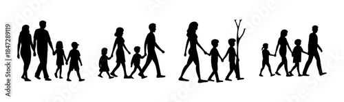 Multiple families walking in silhouette, holding hands, representing unity, support, and journey