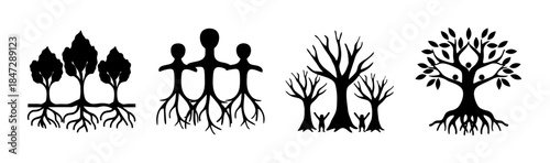 Illustrative collection of human and tree fusion concepts with strong root connections