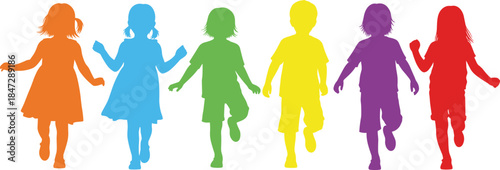 Colorful children silhouettes running and playing together, representing friendship, fun, childhood activity, educational concepts, vibrant vector illustration for creative designs