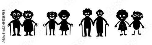 Smiling elderly couple silhouettes with walking sticks holding hands, symbolizing love and companionship