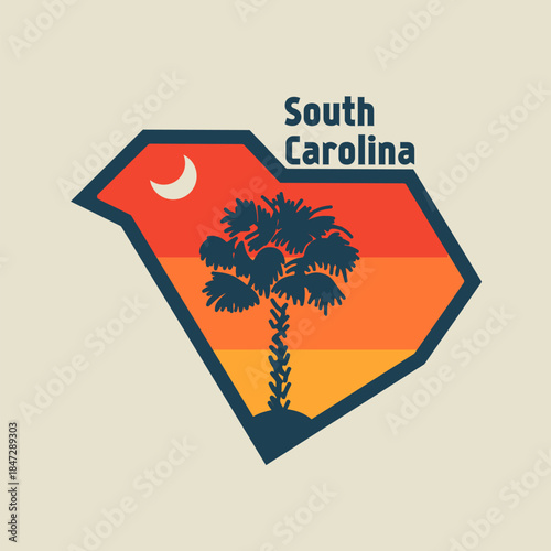 South Carolina Map with Palm Trees in Sunset Scenery 